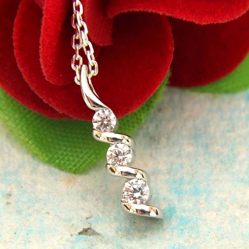 Round Diamond / CZ Three Stone Journey Pendant Necklace.